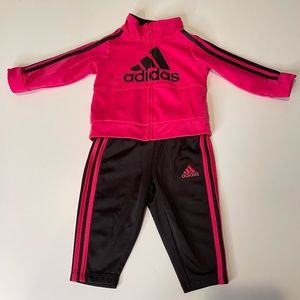 Adidas tracksuit matching set- pink jacket and black pants: size 6 mos